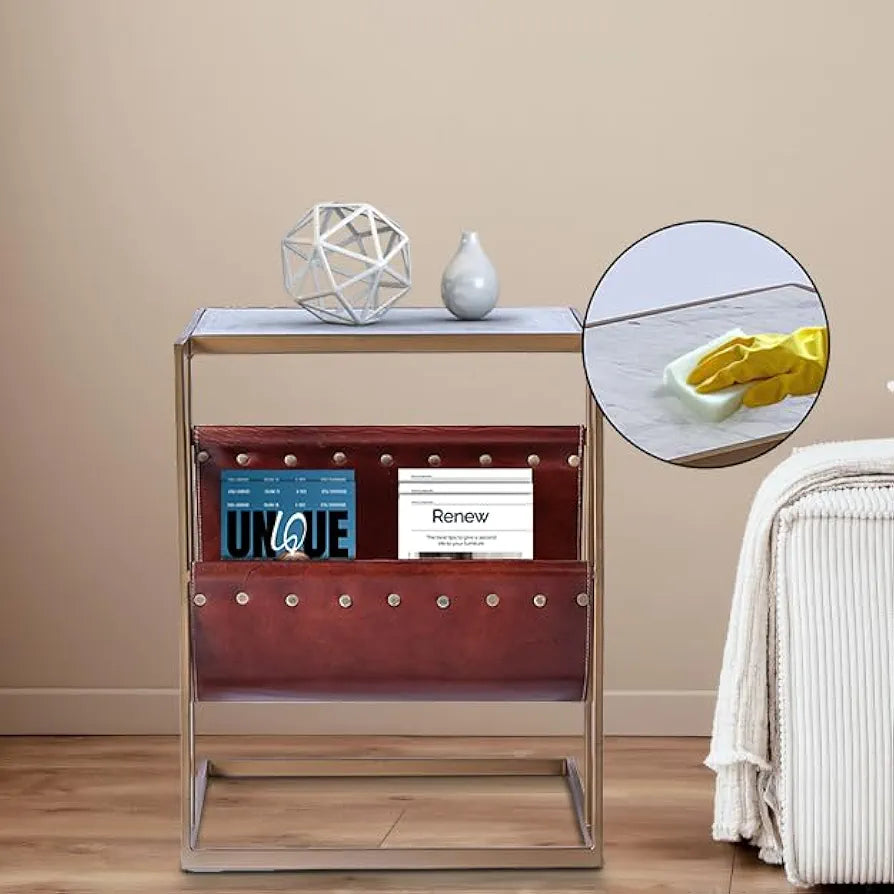 Home Tag Iron Marble End Table - Chic Marble Top Side Table Leather Magazine Sling, Gold Metal Frame, Space-Efficient Design, and Easy Maintenance by Home Tag Decors