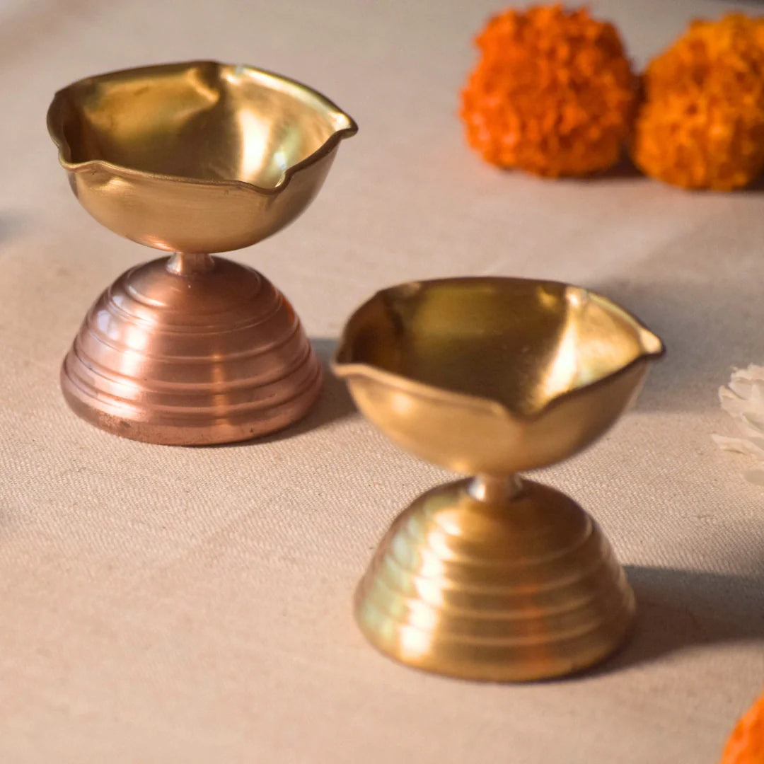 Gift Set of Brass Diya Pair  - Tall & Short Diyas