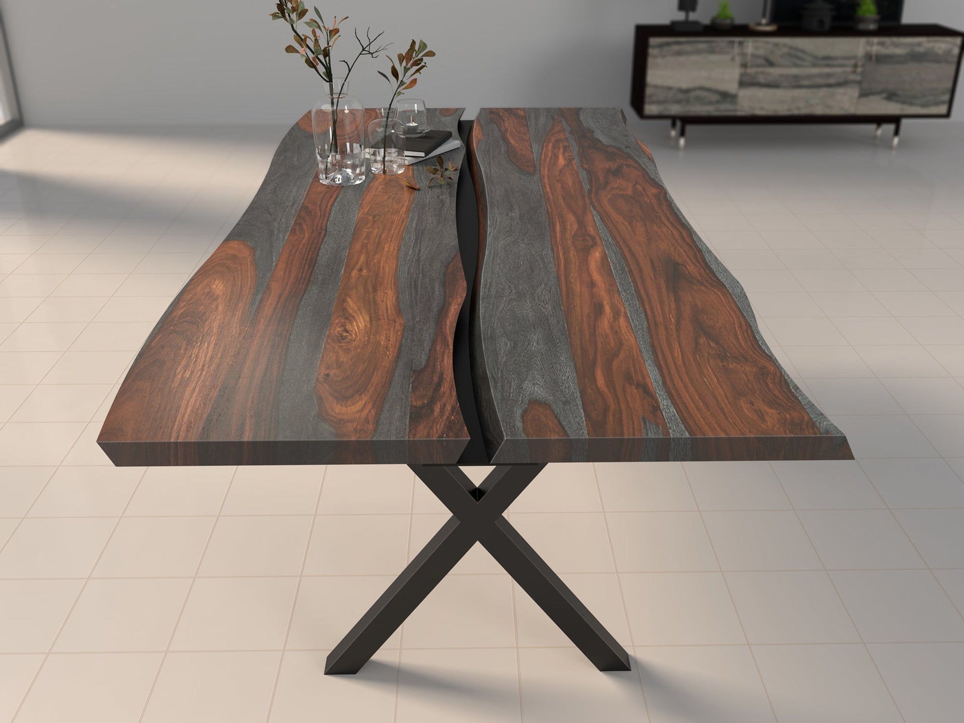6 Seater dining table, solid sheesham wood and steel
