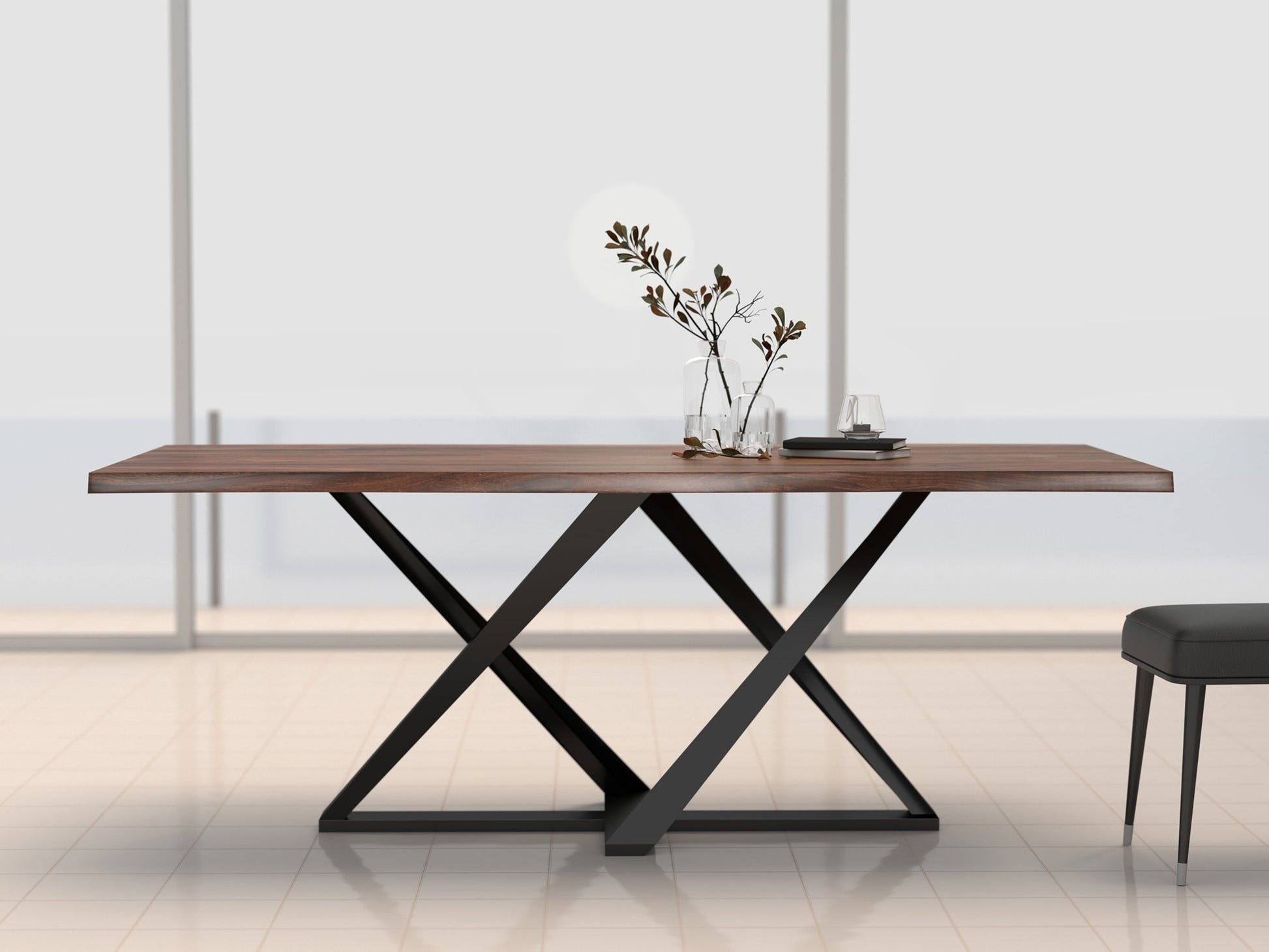 6 Seater dining table, solid sheesham wood and steel