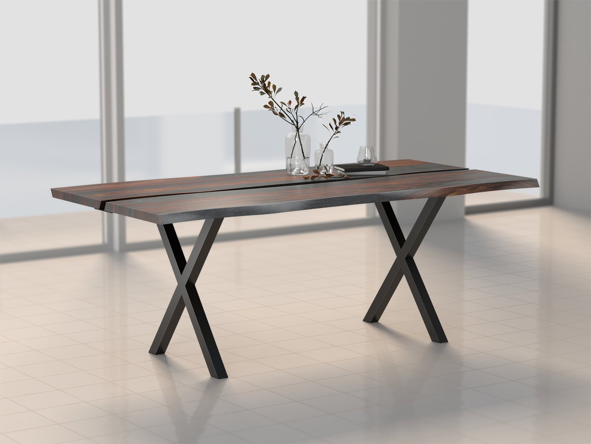 6 Seater dining table, solid sheesham wood and steel