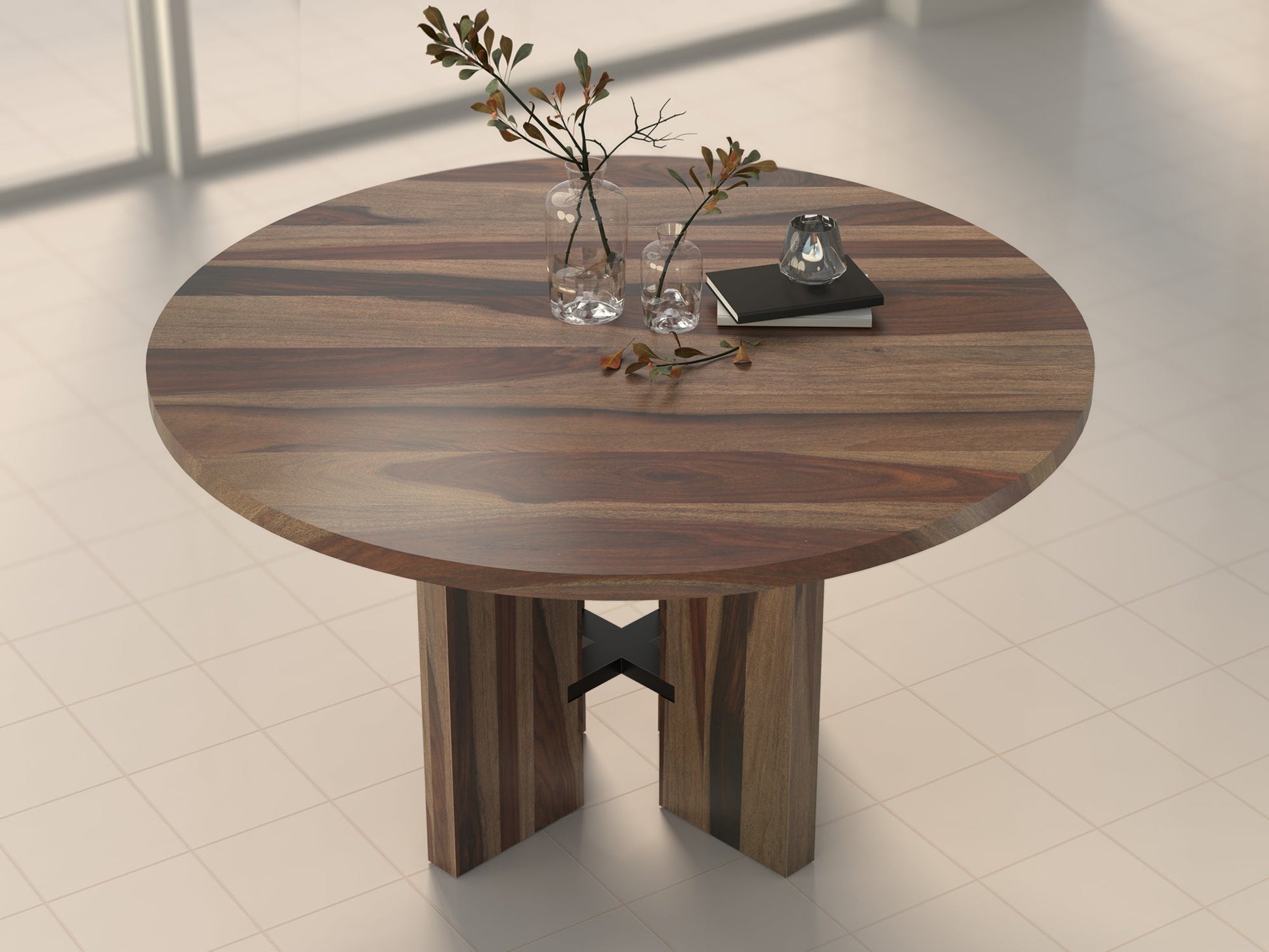 6 Seater dining table, solid sheesham wood and steel