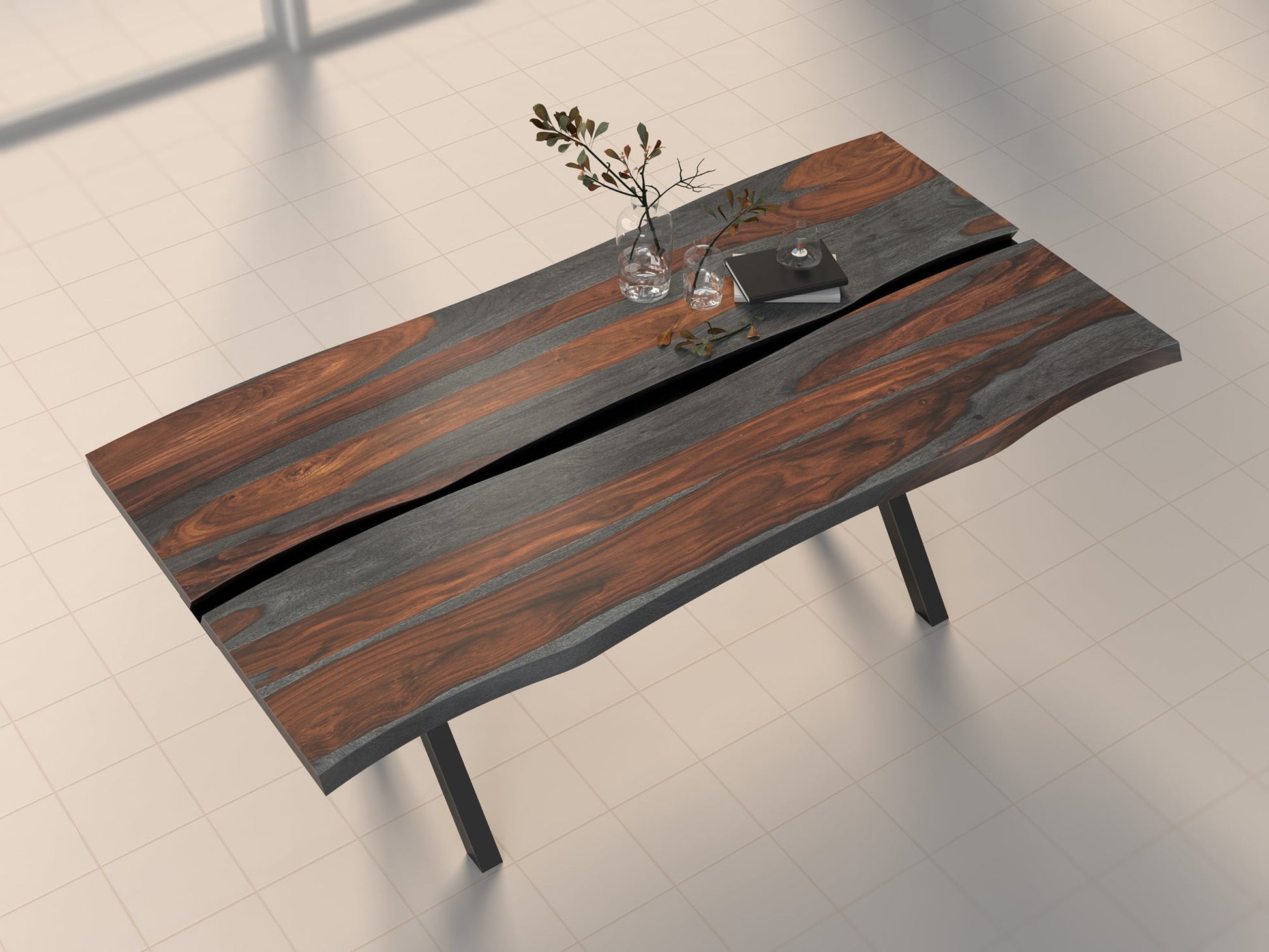 6 Seater dining table, solid sheesham wood and steel