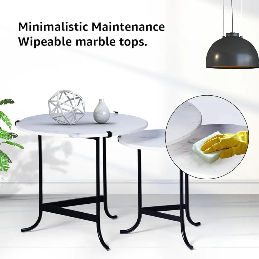 Home Tag Iron Marble Nesting Tables - Modern Side Table Set with Elegant White Marble Tops, Space-Saving Nested Design, Sturdy Black Metal Frames, and Minimalistic Maintenance by Home Tag Decors