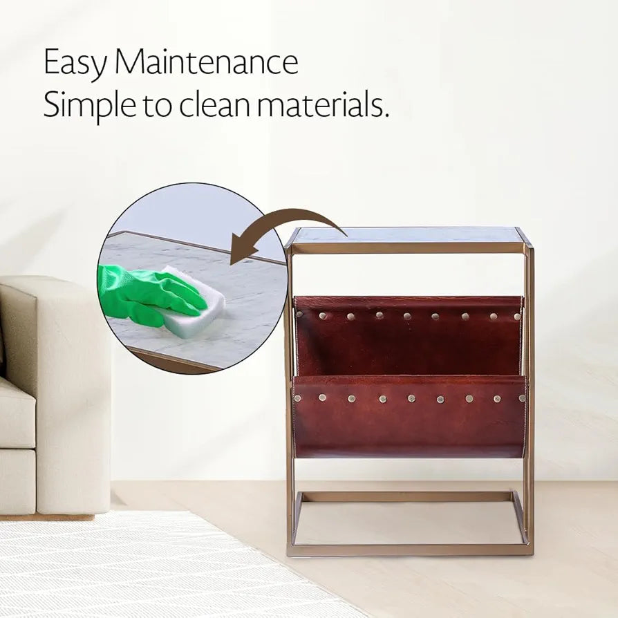 Home Tag Iron Marble End Table - Chic Marble Top Side Table Leather Magazine Sling, Gold Metal Frame, Space-Efficient Design, and Easy Maintenance by Home Tag Decors