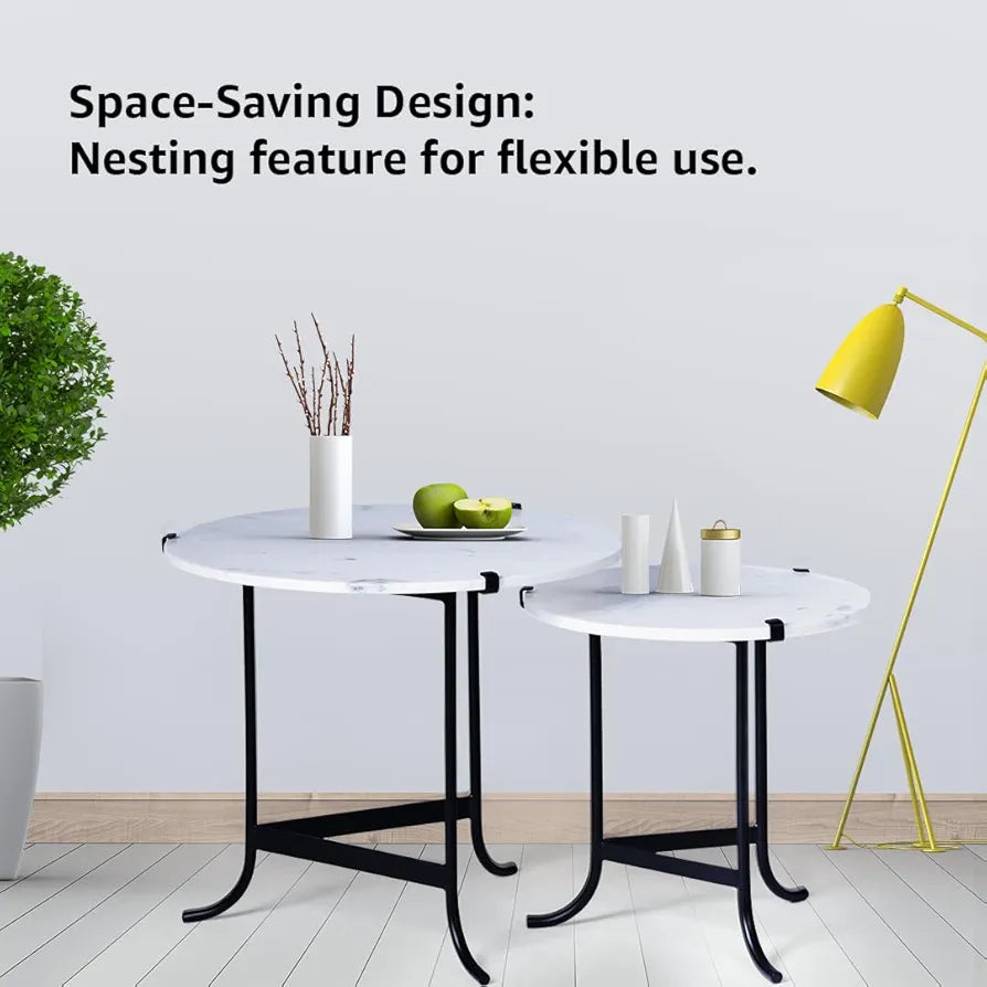 Home Tag Iron Marble Nesting Tables - Modern Side Table Set with Elegant White Marble Tops, Space-Saving Nested Design, Sturdy Black Metal Frames, and Minimalistic Maintenance by Home Tag Decors