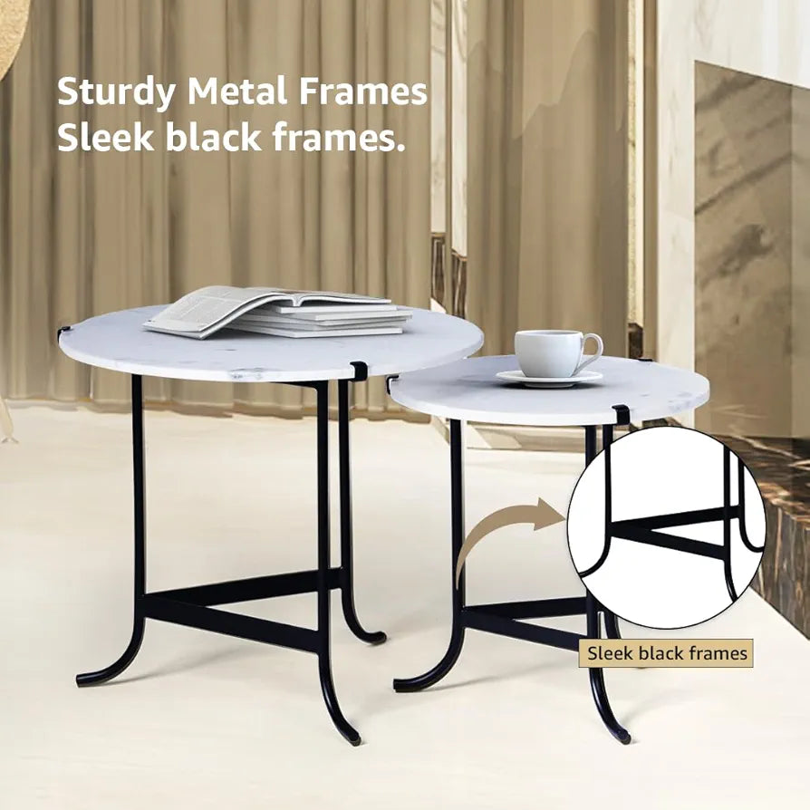 Home Tag Iron Marble Nesting Tables - Modern Side Table Set with Elegant White Marble Tops, Space-Saving Nested Design, Sturdy Black Metal Frames, and Minimalistic Maintenance by Home Tag Decors