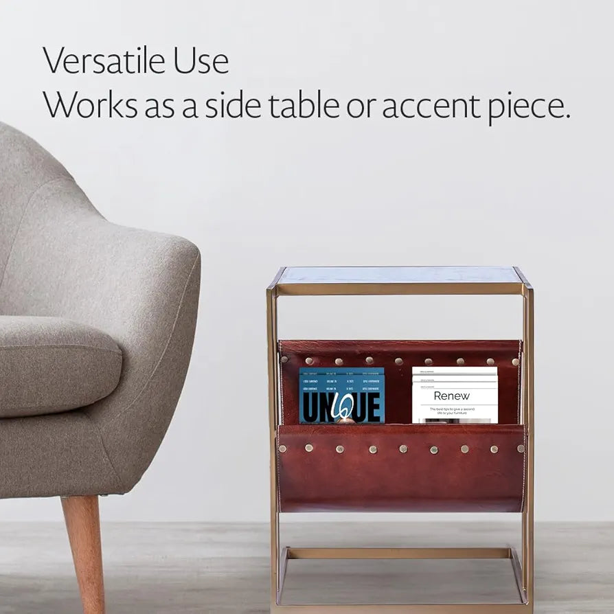 Home Tag Iron Marble End Table - Chic Marble Top Side Table Leather Magazine Sling, Gold Metal Frame, Space-Efficient Design, and Easy Maintenance by Home Tag Decors