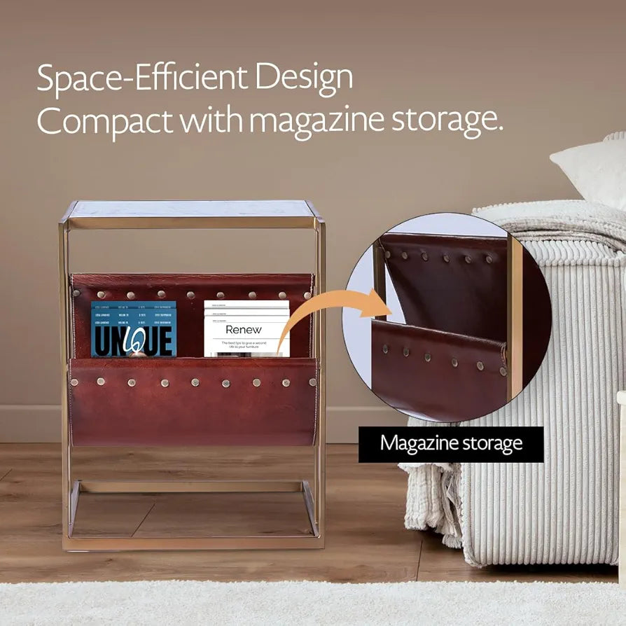 Home Tag Iron Marble End Table - Chic Marble Top Side Table Leather Magazine Sling, Gold Metal Frame, Space-Efficient Design, and Easy Maintenance by Home Tag Decors