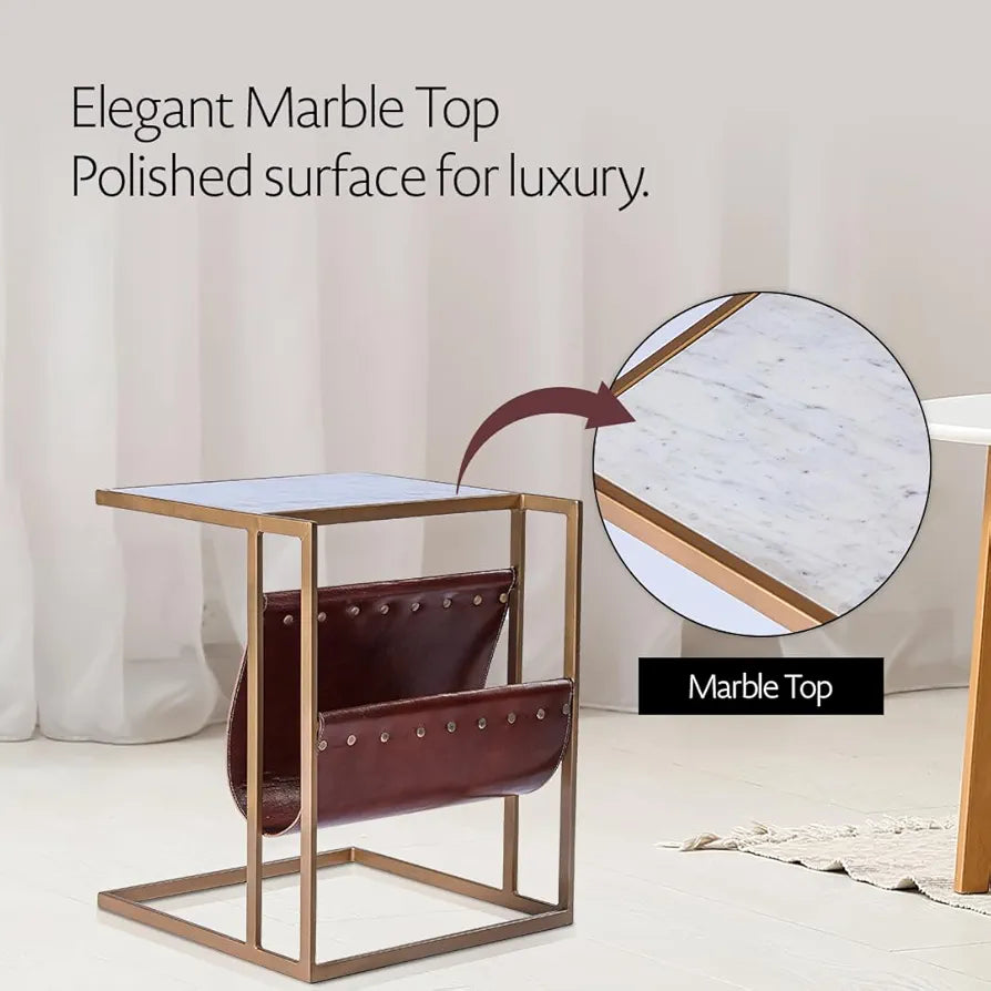 Home Tag Iron Marble End Table - Chic Marble Top Side Table Leather Magazine Sling, Gold Metal Frame, Space-Efficient Design, and Easy Maintenance by Home Tag Decors