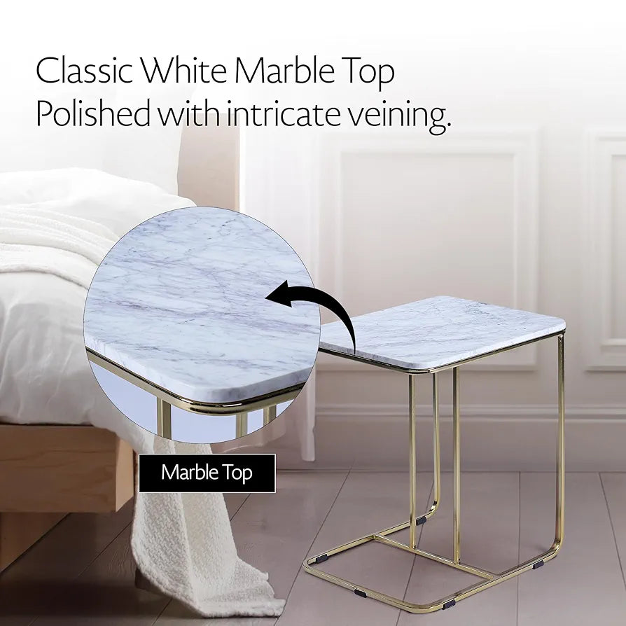 Home tag Iron Marble End Table - Elegant Marble-Topped Side Table with Classic White Marble Top, Sleek Golden Metal Frame, Stable U-Shaped Base, and Versatile Functionality by Home Tag Decors