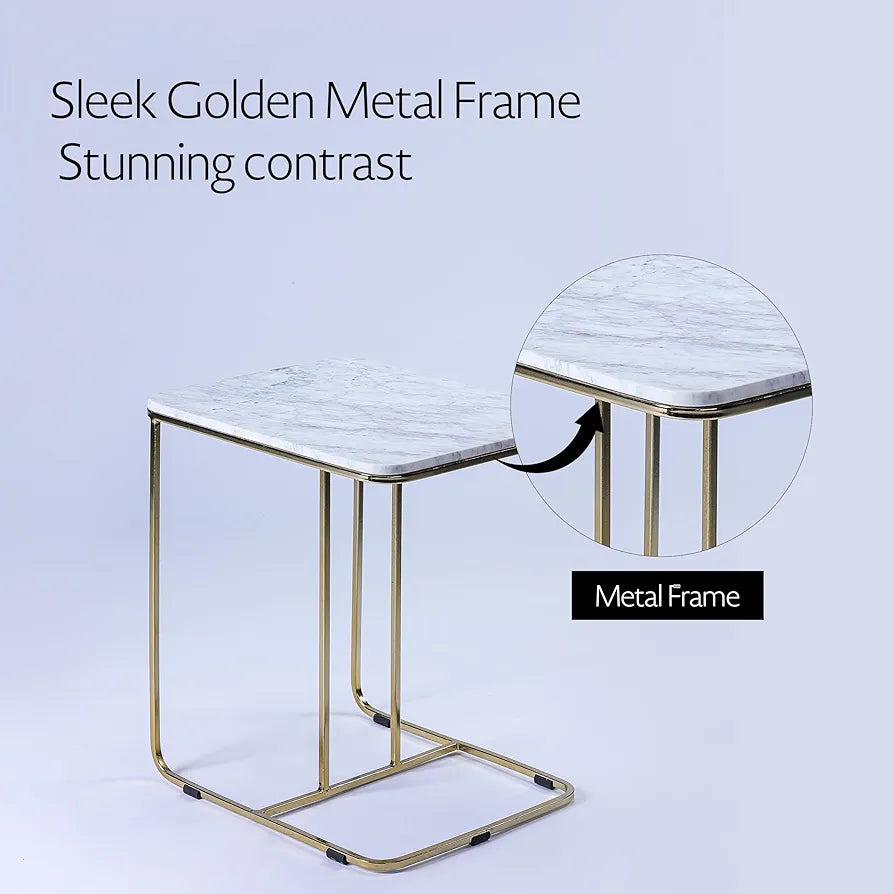 Home tag Iron Marble End Table - Elegant Marble-Topped Side Table with Classic White Marble Top, Sleek Golden Metal Frame, Stable U-Shaped Base, and Versatile Functionality by Home Tag Decors