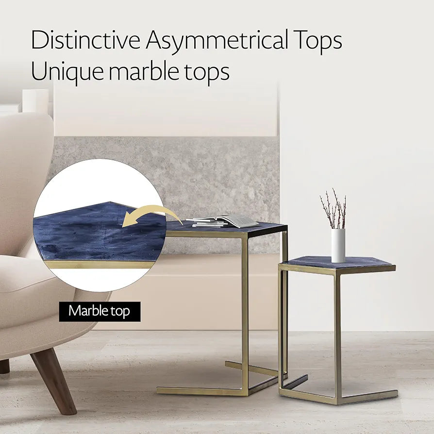 Home Tag Iron Marble Nesting Tables - Asymmetrical Marble-Top End Tables with Elegant Golden Frames, Distinctive Marble Tops, Modern Design, Versatile Placement, and Sturdy Construction