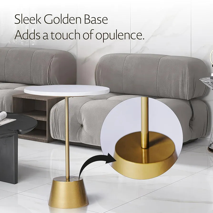 Home Tag Iron Marble End Table - Minimalist White Top Table with Golden Pedestal Base, Crisp White Circular Top, Sleek Golden Base, Modern Minimalist Design, and Durable Easy-to-Clean Materials