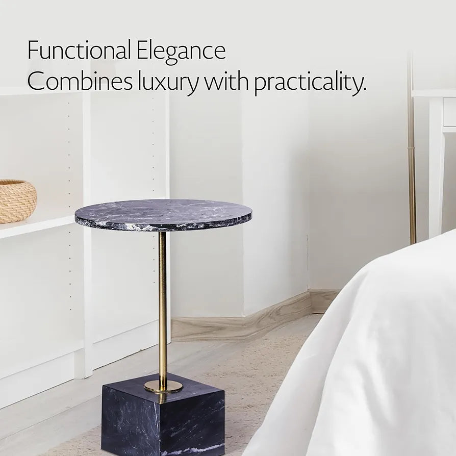 Home Tag Iron Marble End Table - Marble Top Side Table with Contrasting Base and Elegant Golden Detail, Luxurious Black Marble Top, Matching Marble Base, and Easy-to-Maintain Features