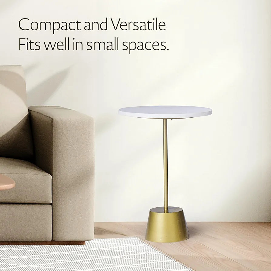 Home Tag Iron Marble End Table - Minimalist White Top Table with Golden Pedestal Base, Crisp White Circular Top, Sleek Golden Base, Modern Minimalist Design, and Durable Easy-to-Clean Materials