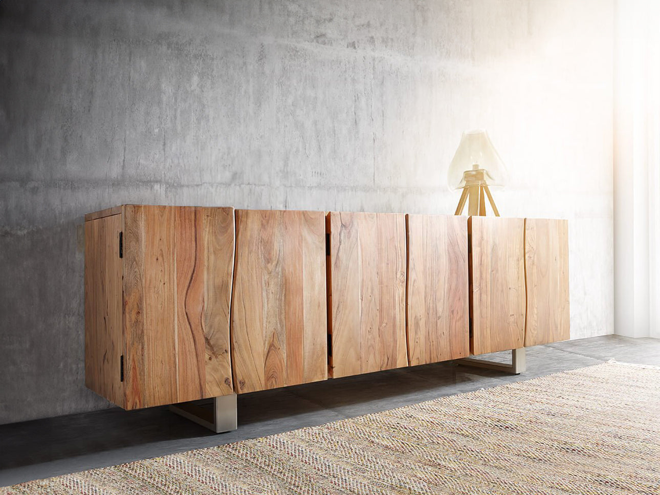 Sideboard, solid acacia wood and steel, 6 doors