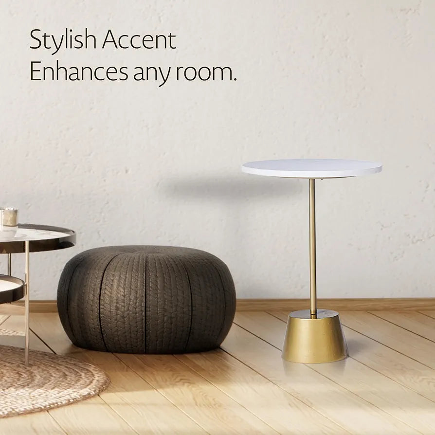 Home Tag Iron Marble End Table - Minimalist White Top Table with Golden Pedestal Base, Crisp White Circular Top, Sleek Golden Base, Modern Minimalist Design, and Durable Easy-to-Clean Materials