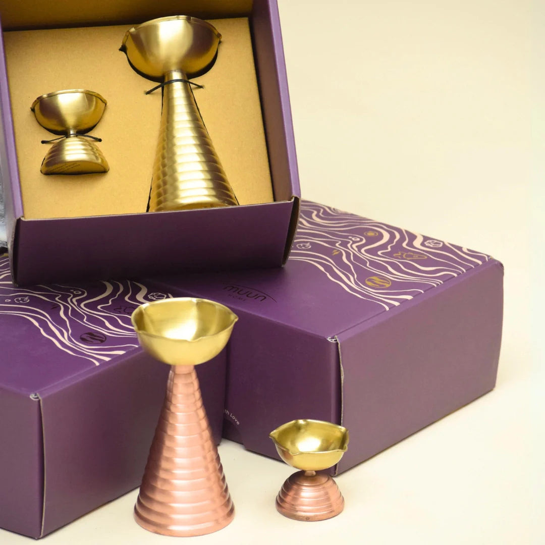 Gift Set of Brass Diya Pair  - Tall & Short Diyas