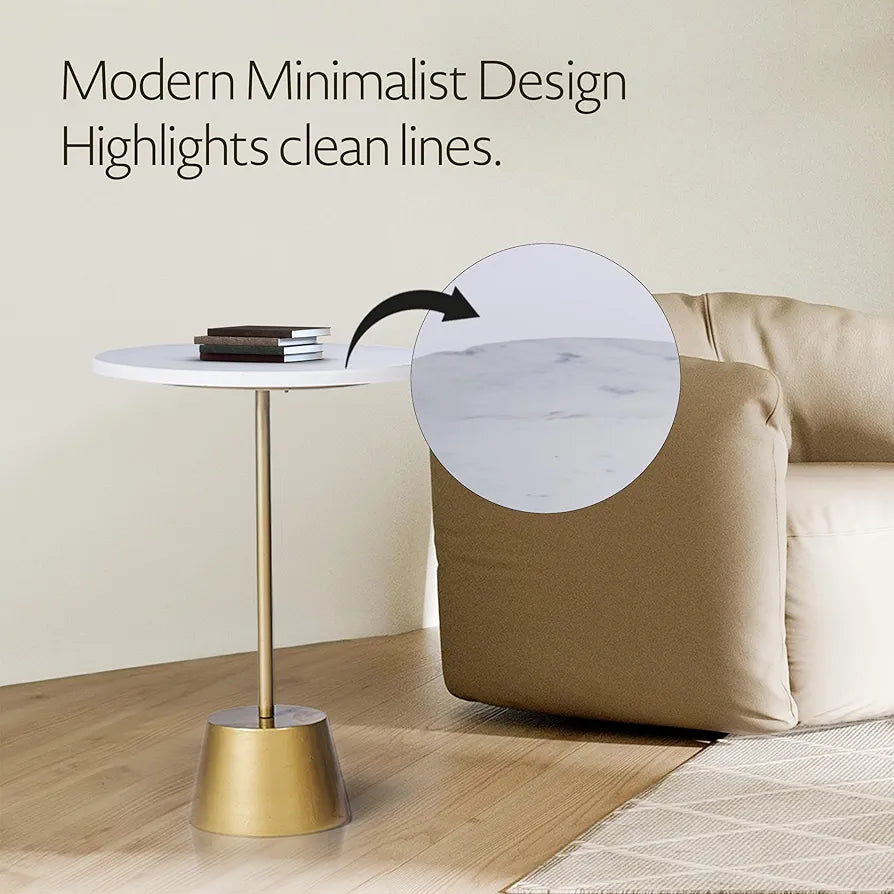 Home Tag Iron Marble End Table - Minimalist White Top Table with Golden Pedestal Base, Crisp White Circular Top, Sleek Golden Base, Modern Minimalist Design, and Durable Easy-to-Clean Materials