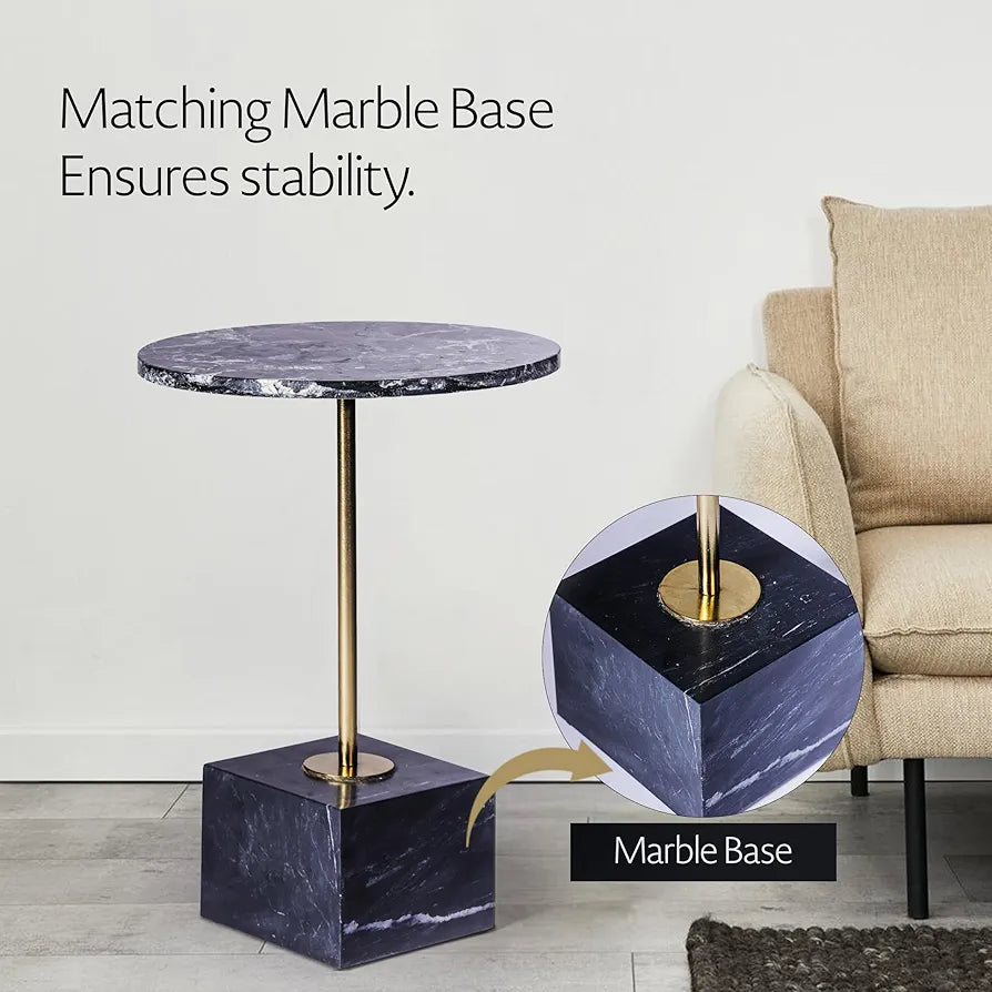 Home Tag Iron Marble End Table - Marble Top Side Table with Contrasting Base and Elegant Golden Detail, Luxurious Black Marble Top, Matching Marble Base, and Easy-to-Maintain Features