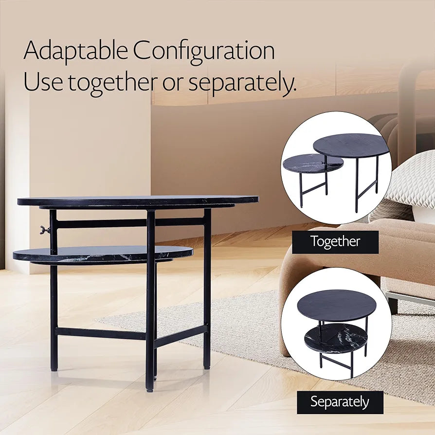 Home Tag Iron Marble Nesting Tables - Rotating Nested Coffee Table Set with Dark Stone Tops, Innovative Rotation Mechanism, Sturdy Metal Frames, and Minimalist Aesthetic by Home Tag Decors