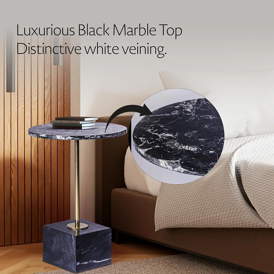 Home Tag Iron Marble End Table - Marble Top Side Table with Contrasting Base and Elegant Golden Detail, Luxurious Black Marble Top, Matching Marble Base, and Easy-to-Maintain Features