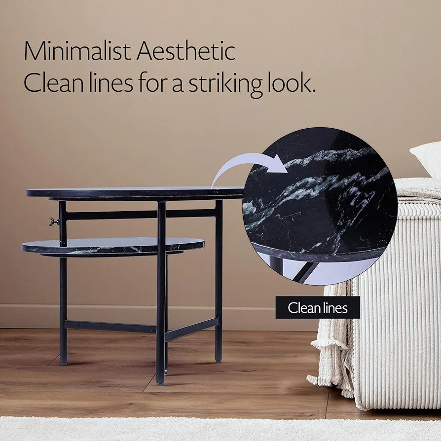 Home Tag Iron Marble Nesting Tables - Rotating Nested Coffee Table Set with Dark Stone Tops, Innovative Rotation Mechanism, Sturdy Metal Frames, and Minimalist Aesthetic by Home Tag Decors