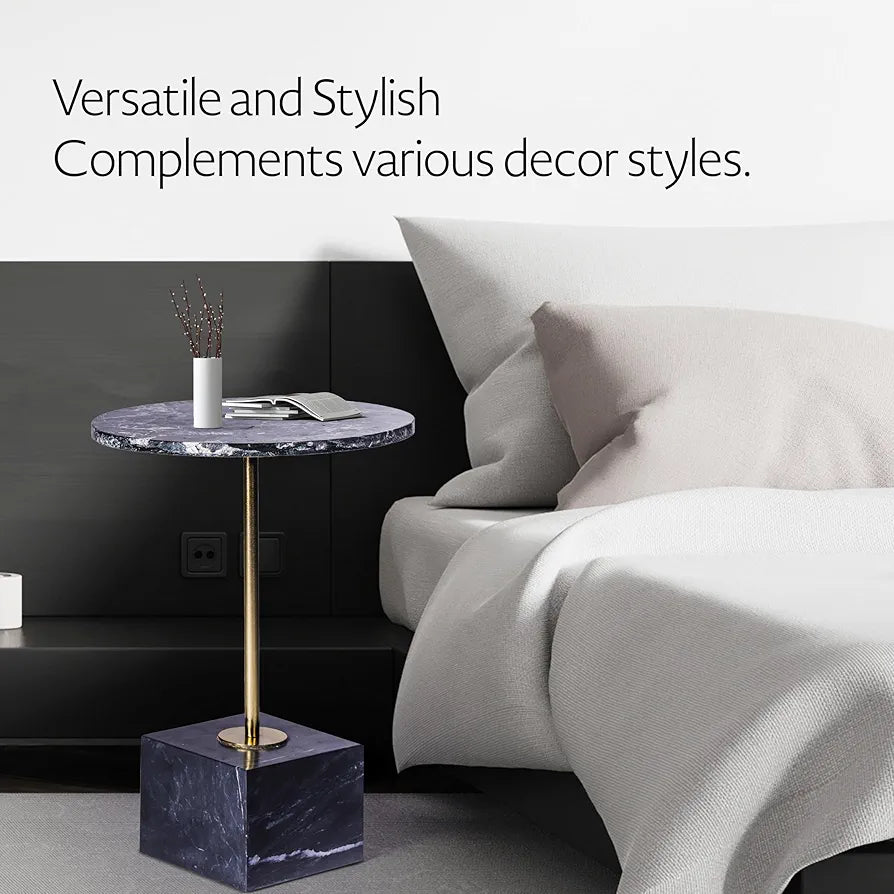 Home Tag Iron Marble End Table - Marble Top Side Table with Contrasting Base and Elegant Golden Detail, Luxurious Black Marble Top, Matching Marble Base, and Easy-to-Maintain Features
