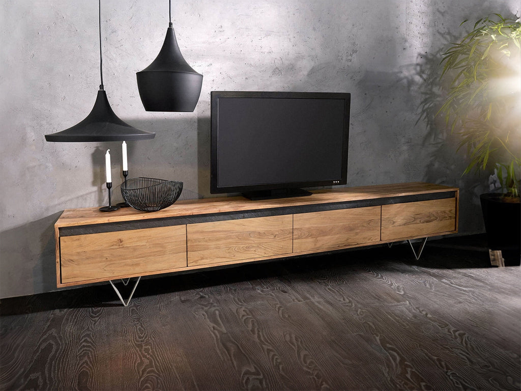 TV unit, solid acacia wood and steel, 4 drawers