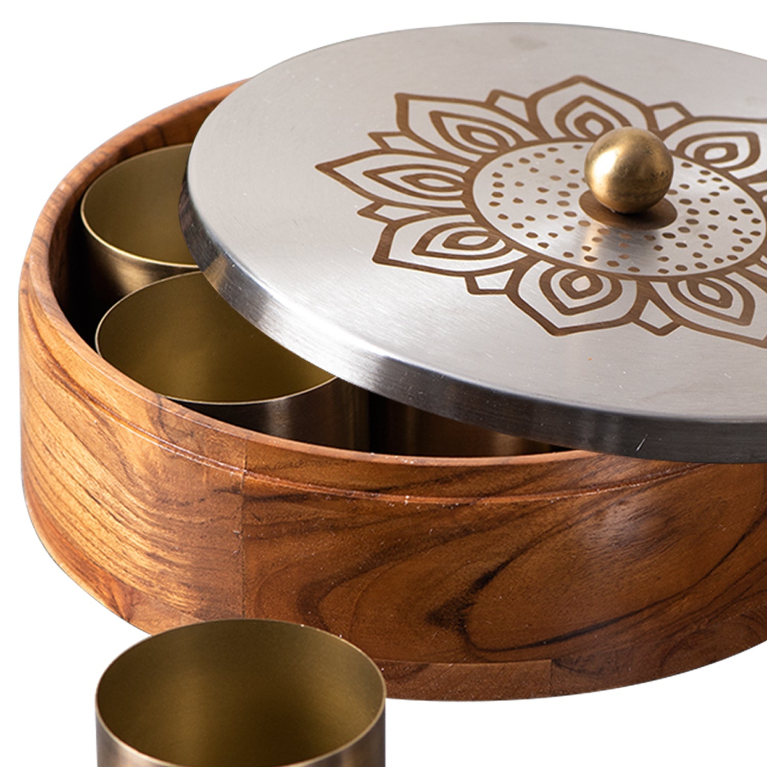 Inscribe Acacia Wood Masala Box - Floral Silver