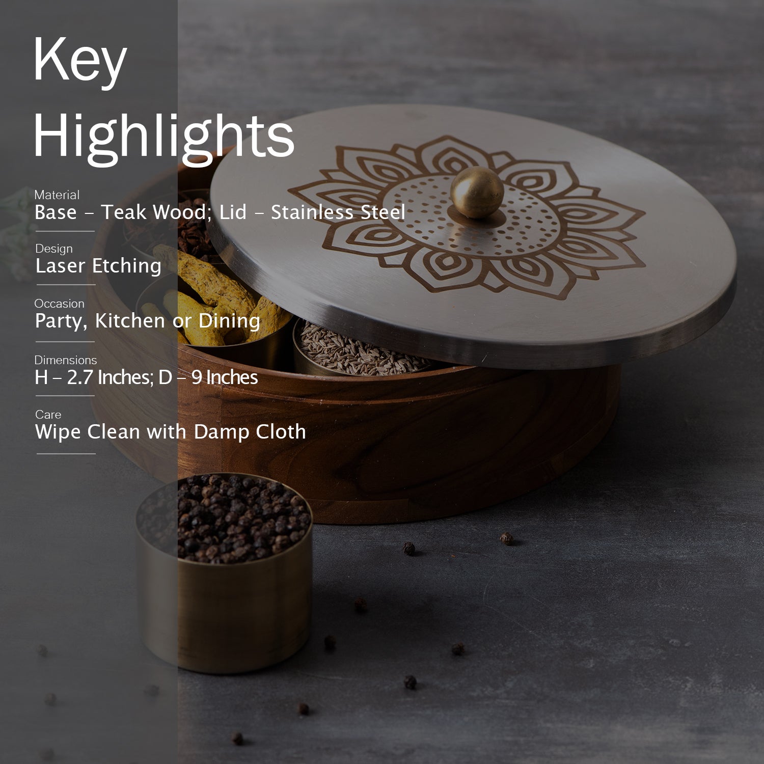 Inscribe Acacia Wood Masala Box - Floral Silver