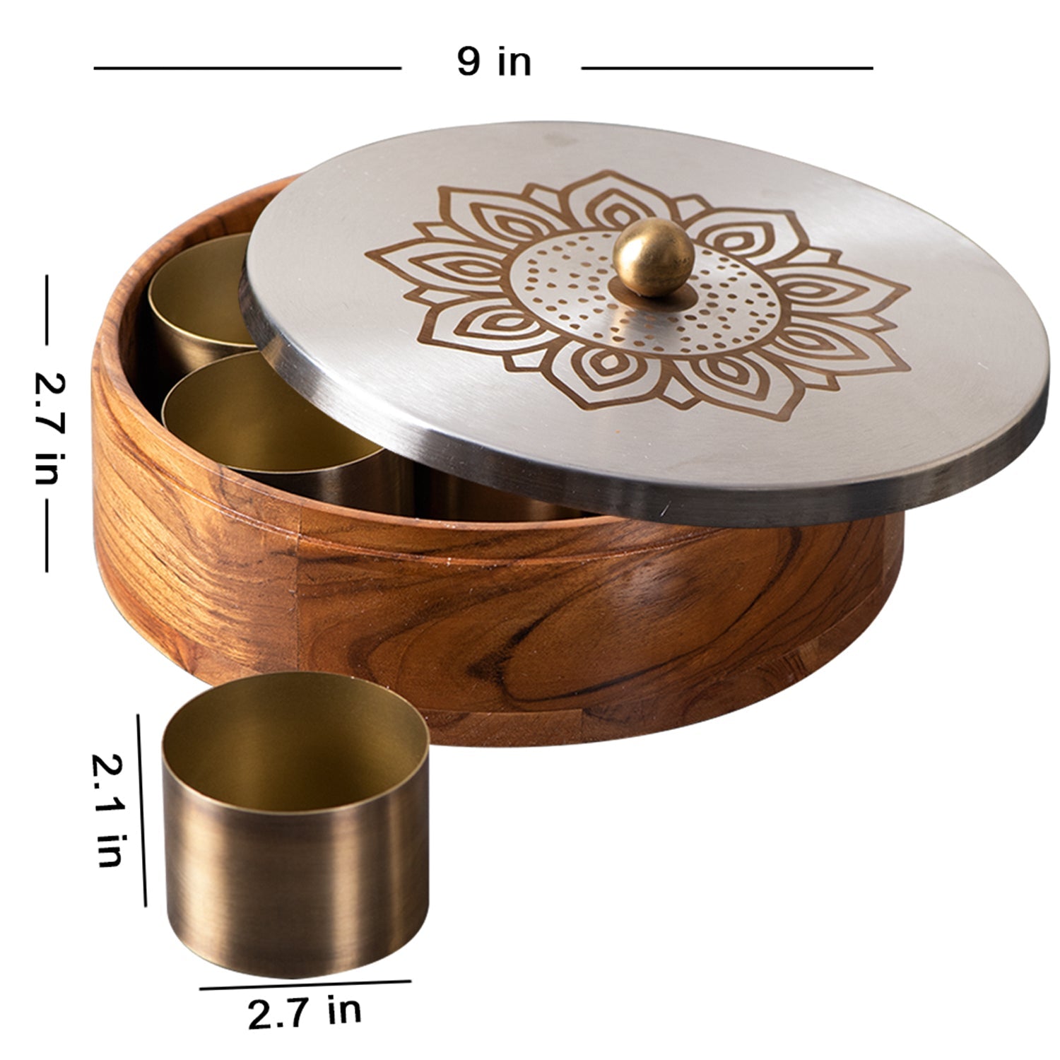 Inscribe Acacia Wood Masala Box - Floral Silver