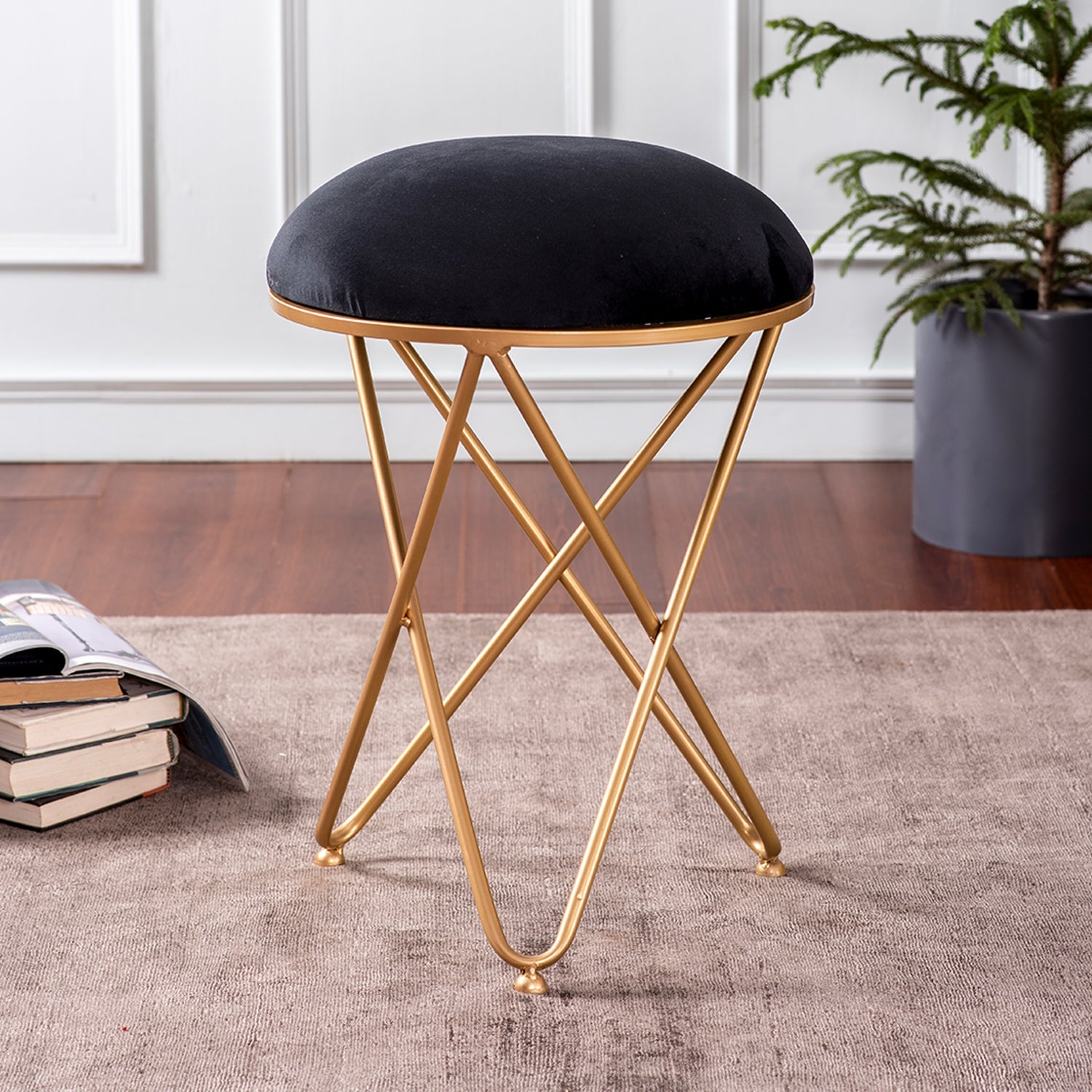 Classic Velvet Cross Metallic Stool in Black Color