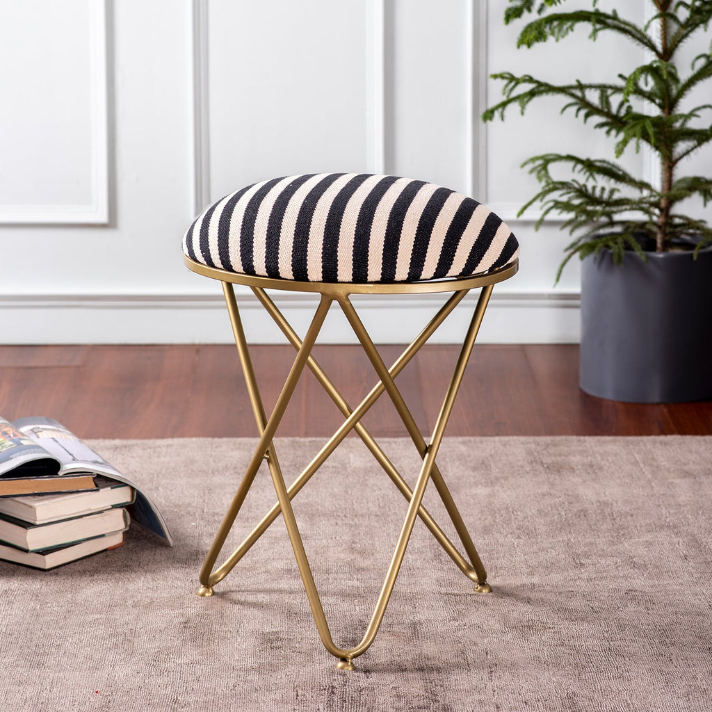 Zebra Fabric Cross Metallic Stool in Black & White Color