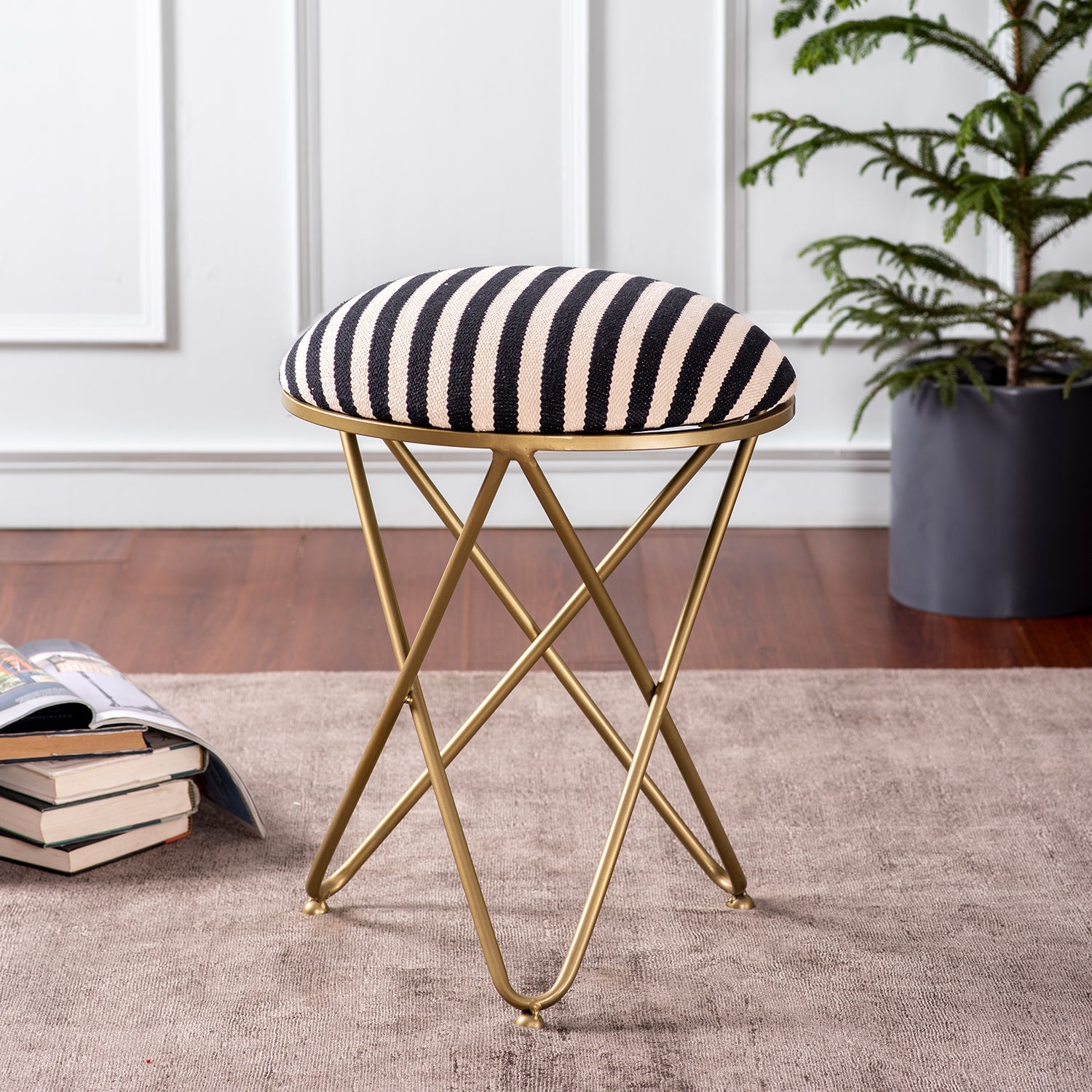 Zebra Fabric Cross Metallic Stool in Black & White Color