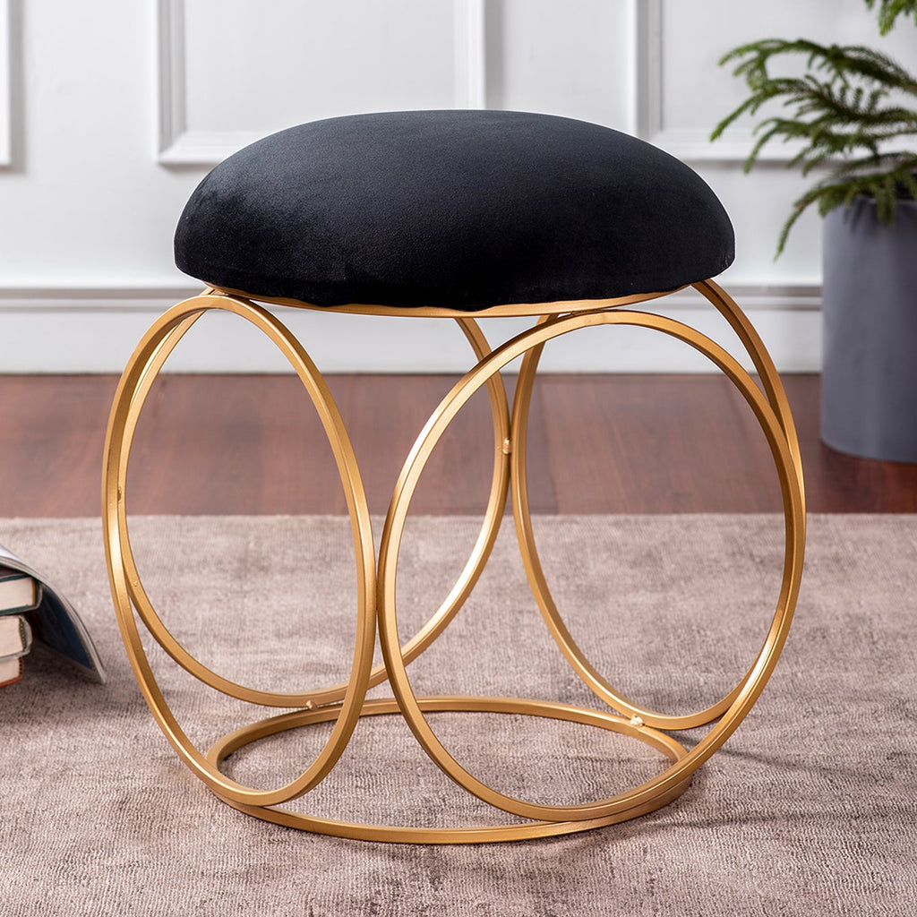 Classic Velvet Ring Metallic Stool in Black Color Set of 2