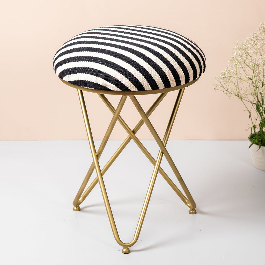 Zebra Fabric Cross Metallic Stool in Black & White Color Set of 2