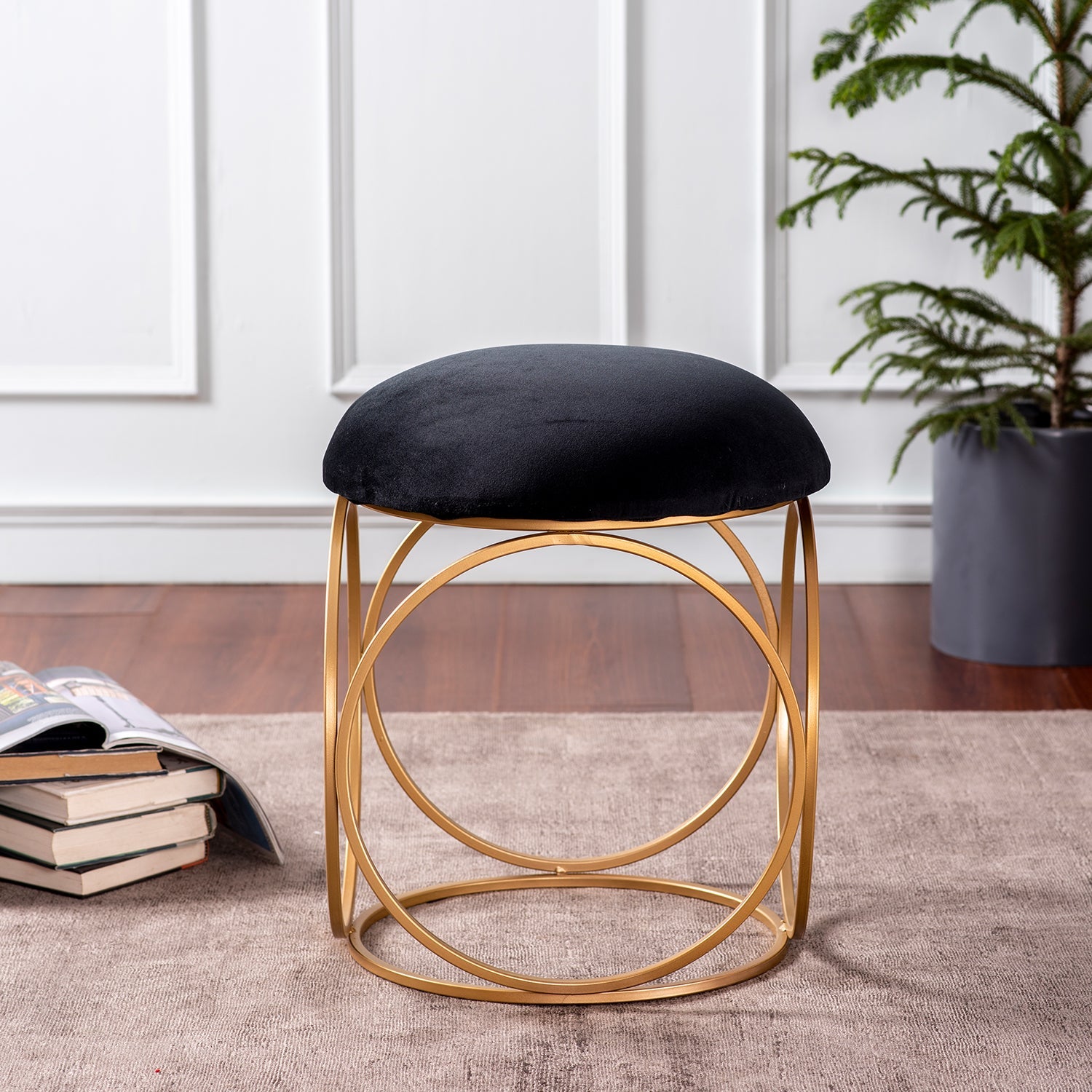 Classic Velvet Ring Metallic Stool in Black Color Set of 2