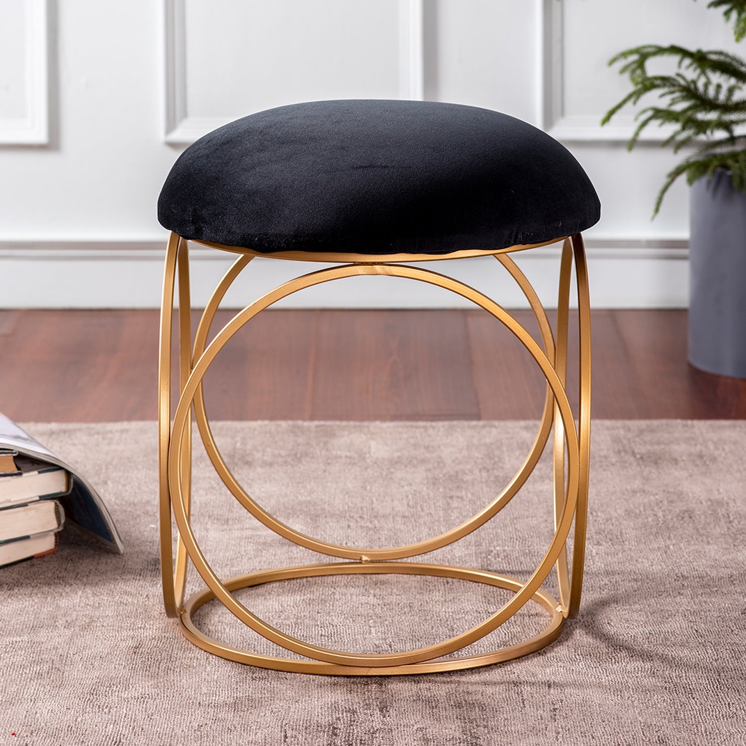 Classic Velvet Ring Metallic Stool in Black Color