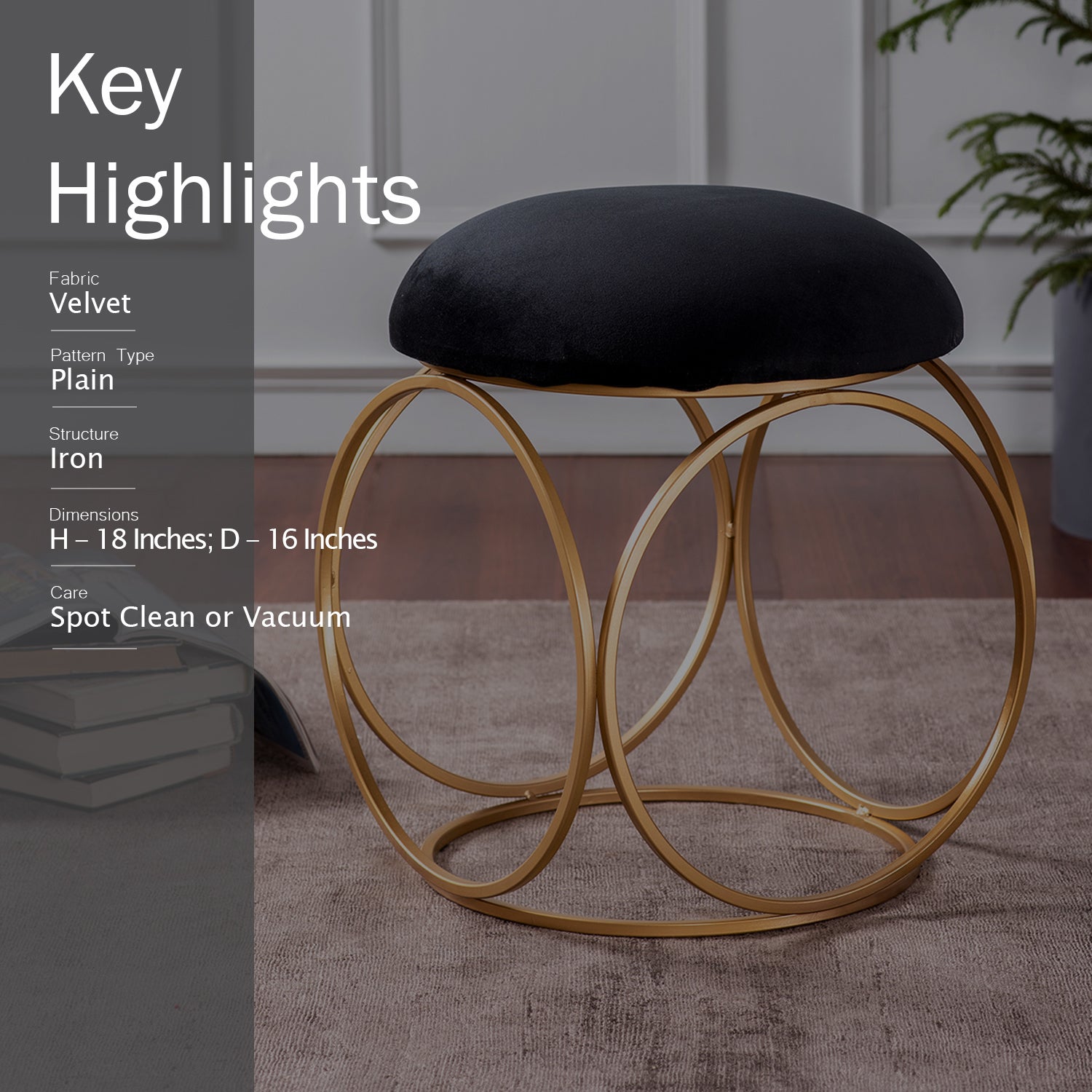 Classic Velvet Ring Metallic Stool in Black Color