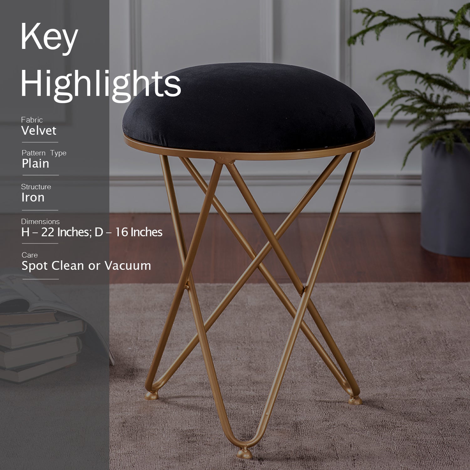 Classic Velvet Cross Metallic Stool in Black Color