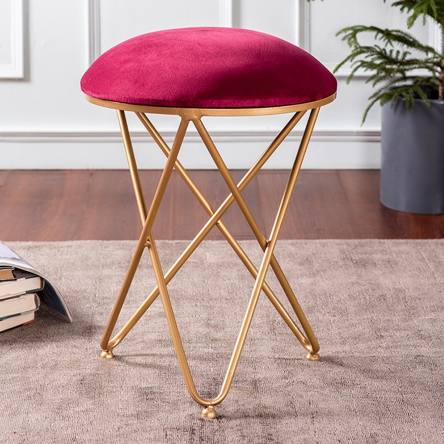 Lush Velvet Cross Metallic Stool in Maroon Color