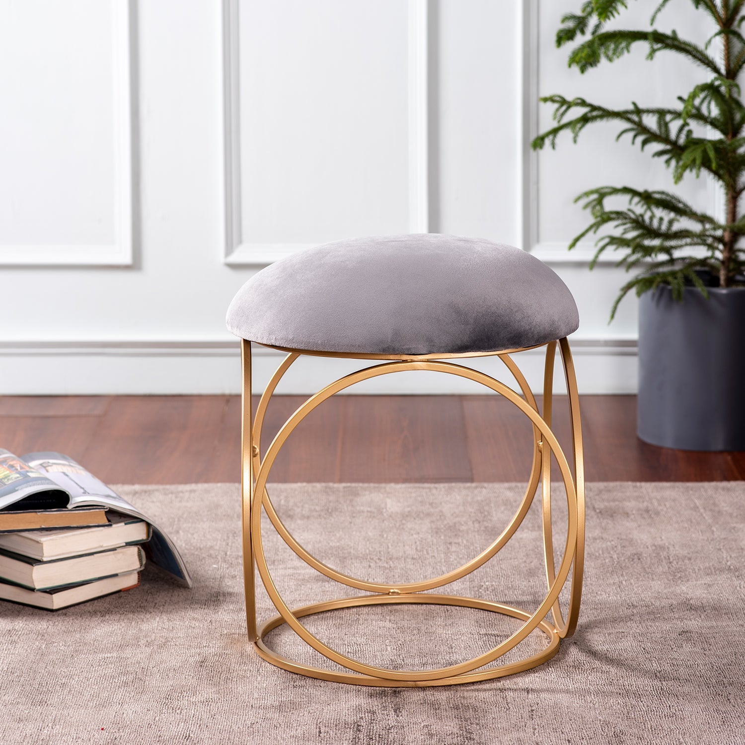 Classic Velvet Ring Metallic Stool in Grey Color