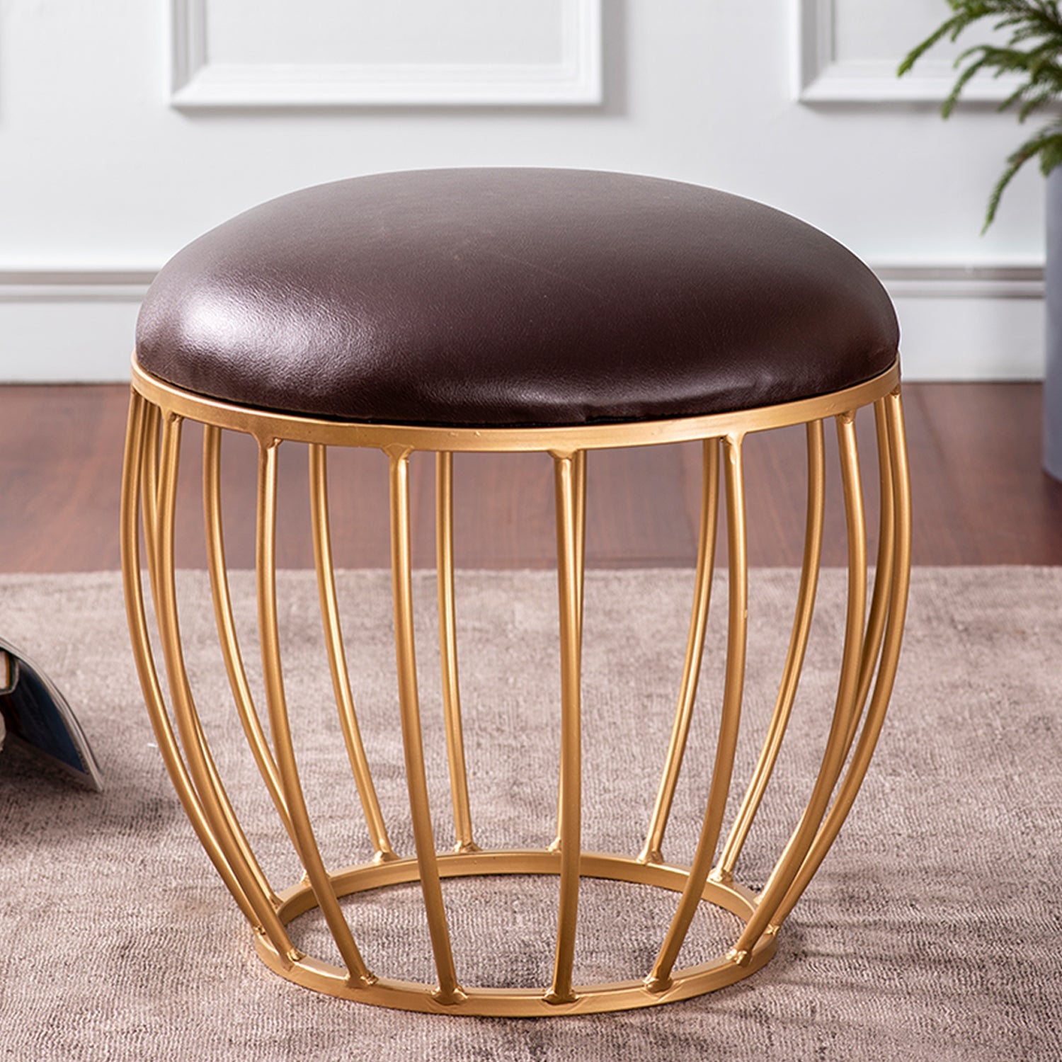 Axel Leatherette Cage Metallic Stool in Brown Color