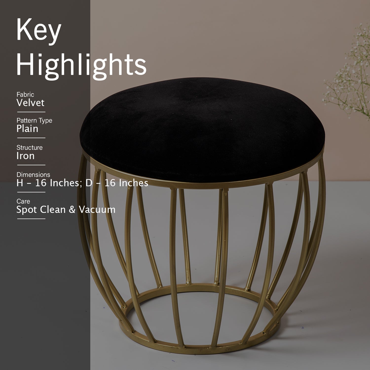 Classic Velvet Cage Metallic Stool in Black Color