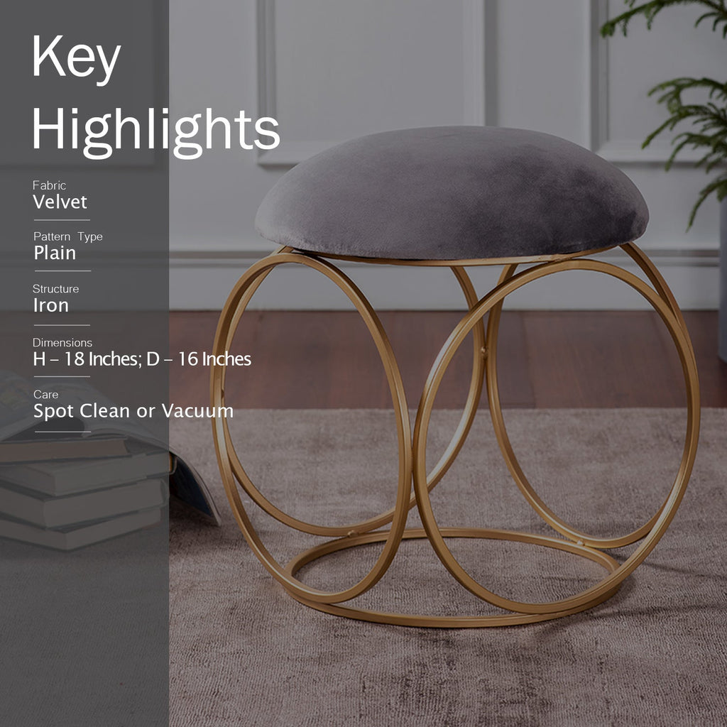 Classic Velvet Ring Metallic Stool in Grey Color