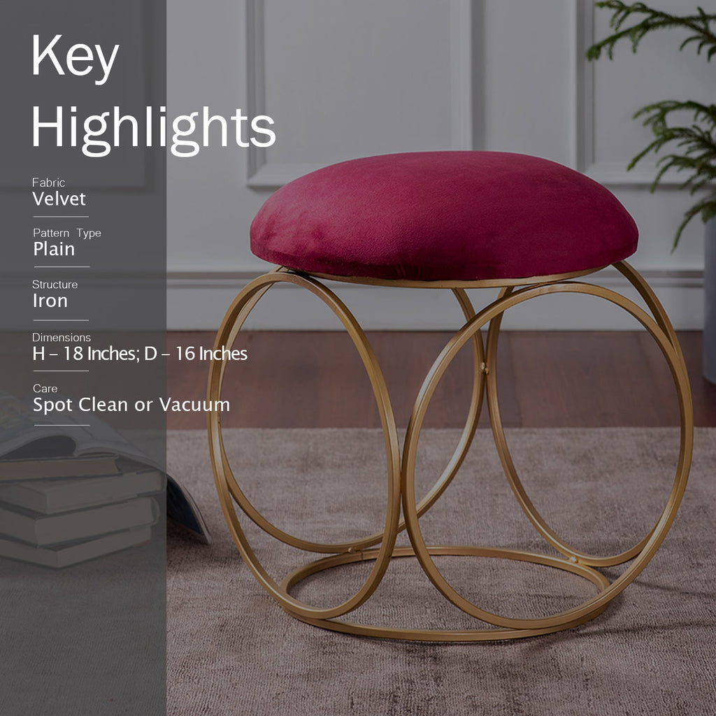 Lush Velvet Ring Metallic Stool in Maroon Color