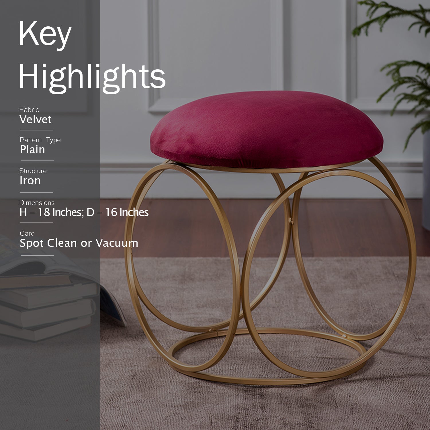 Lush Velvet Ring Metallic Stool in Maroon Color