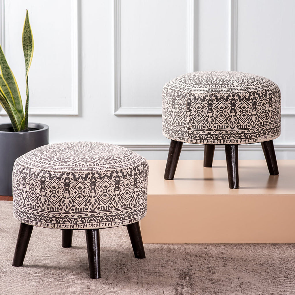 Mandala Fabric Wooden Ottoman in Grey Color